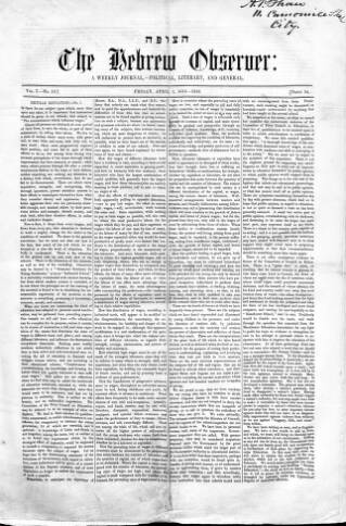 cover page of Hebrew Observer published on April 1, 1853