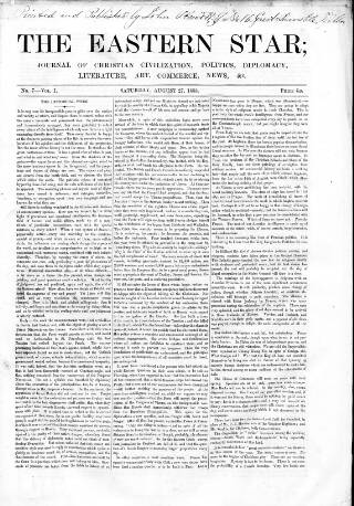 cover page of Eastern Star published on August 27, 1853