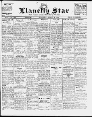 cover page of Llanelli Star published on August 2, 1919