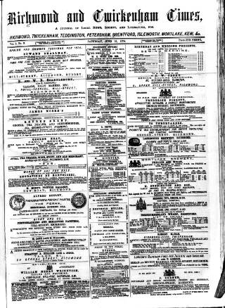 cover page of Richmond and Twickenham Times published on June 13, 1874