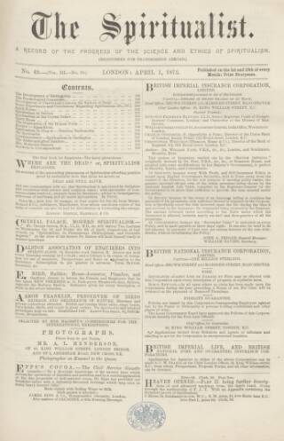 cover page of Spiritualist published on April 1, 1873