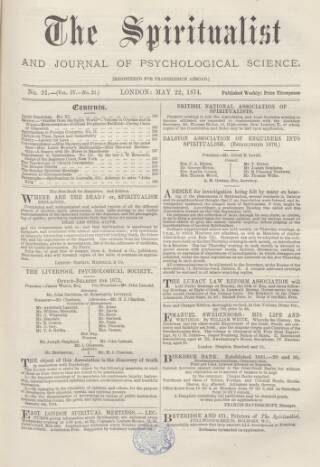 cover page of Spiritualist published on May 22, 1874