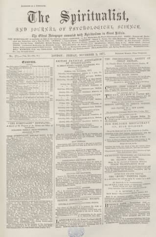 cover page of Spiritualist published on November 2, 1877