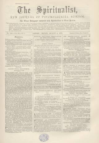 cover page of Spiritualist published on August 2, 1878