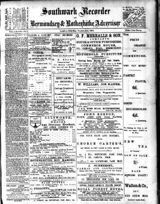 cover page of Southwark and Bermondsey Recorder published on August 2, 1884