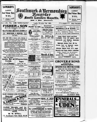 cover page of Southwark and Bermondsey Recorder published on November 2, 1923