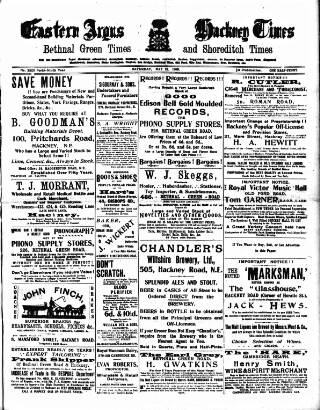 cover page of Eastern Argus and Borough of Hackney Times published on May 22, 1909