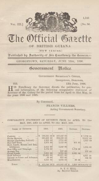 cover page of Official Gazette of British Guiana published on June 13, 1896