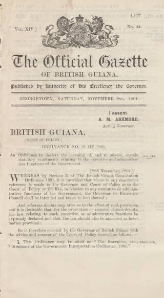cover page of Official Gazette of British Guiana published on November 2, 1901