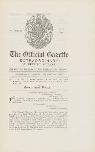 cover page of Official Gazette of British Guiana published on August 2, 1914