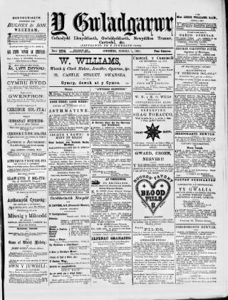 cover page of Y Gwladgarwr published on April 1, 1881