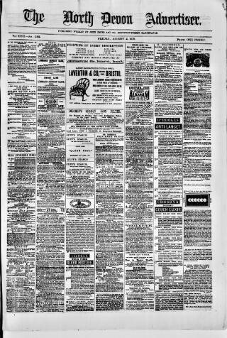 cover page of North Devon Advertiser published on August 2, 1878