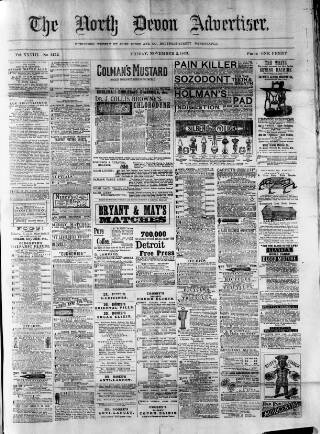 cover page of North Devon Advertiser published on November 2, 1883