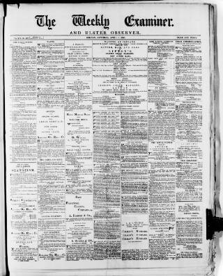 cover page of Weekly Examiner (Belfast) published on April 1, 1882