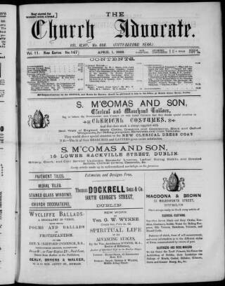 cover page of Irish Church Advocate published on April 1, 1888