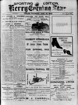 cover page of Kerry Evening Star published on June 13, 1912
