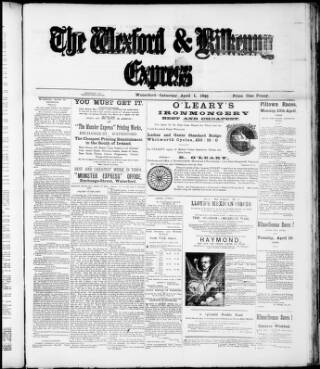 cover page of Wexford and Kilkenny Express published on April 1, 1899