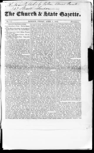 cover page of Church & State Gazette (London) published on April 1, 1842