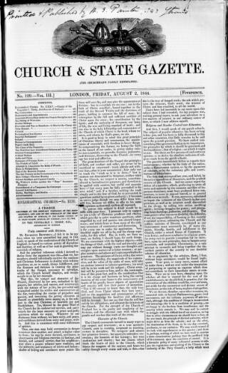 cover page of Church & State Gazette (London) published on August 2, 1844