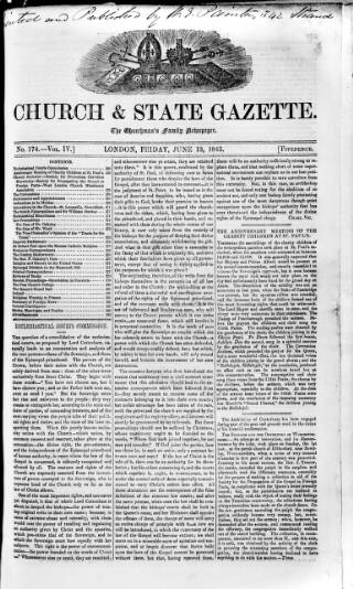 cover page of Church & State Gazette (London) published on June 13, 1845