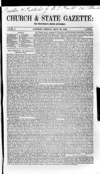 cover page of Church & State Gazette (London) published on May 22, 1846