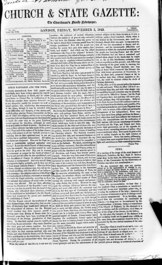 cover page of Church & State Gazette (London) published on November 2, 1849