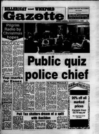 cover page of Billericay Gazette published on November 2, 1990