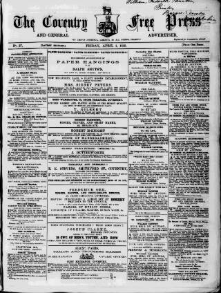 cover page of Coventry Free Press published on April 1, 1859