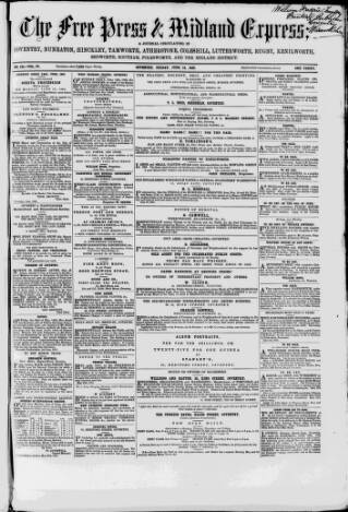 cover page of Coventry Free Press published on June 13, 1862