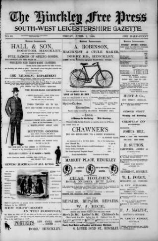cover page of Hinckley Free Press published on April 1, 1898