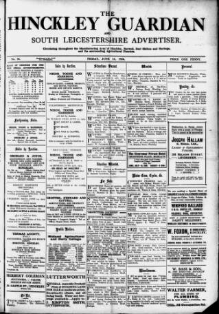 cover page of Hinckley Guardian and South Leicestershire Advertiser published on June 13, 1924