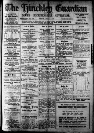 cover page of Hinckley Guardian and South Leicestershire Advertiser published on April 17, 1925