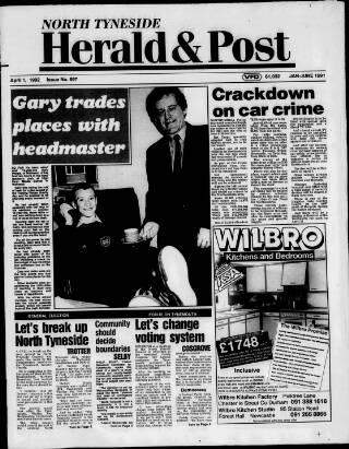 cover page of North Tyneside Herald & Post published on April 1, 1992
