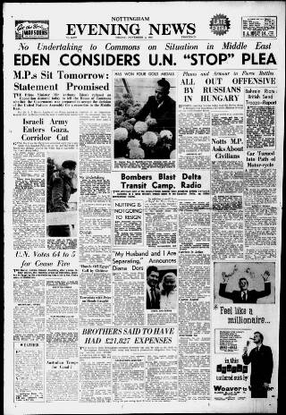 cover page of Nottingham Evening News published on November 2, 1956