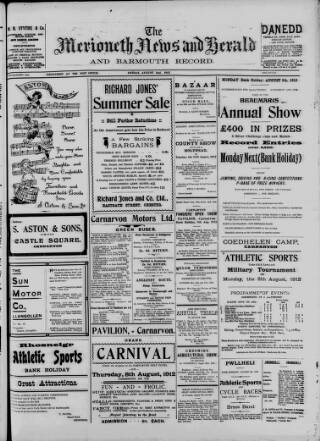 cover page of Merioneth News and Herald and Barmouth Record published on August 2, 1912