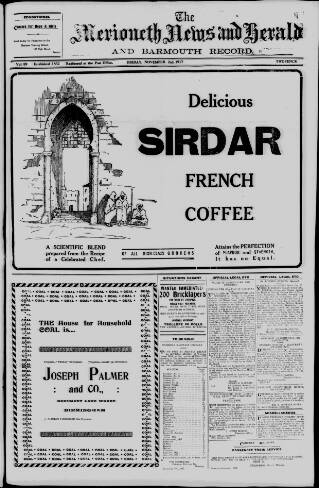 cover page of Merioneth News and Herald and Barmouth Record published on November 2, 1917