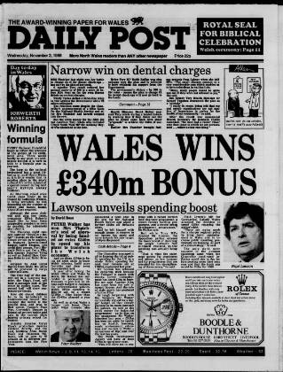 cover page of Liverpool Daily Post (Welsh Edition) published on November 2, 1988