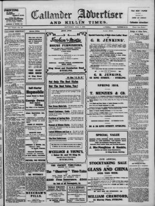 cover page of Callander Advertiser published on April 1, 1916