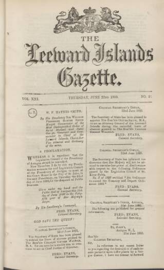 cover page of Leeward Islands Gazette published on June 22, 1893