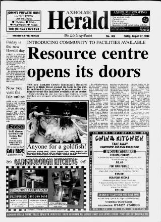 cover page of Axholme Herald published on August 27, 1999