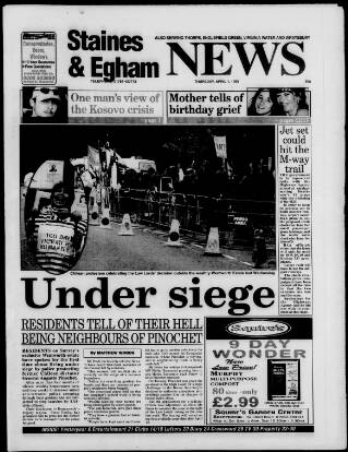 cover page of Staines & Egham News published on April 1, 1999