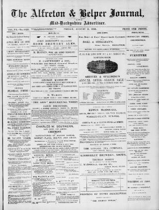 cover page of Alfreton Journal published on August 2, 1889