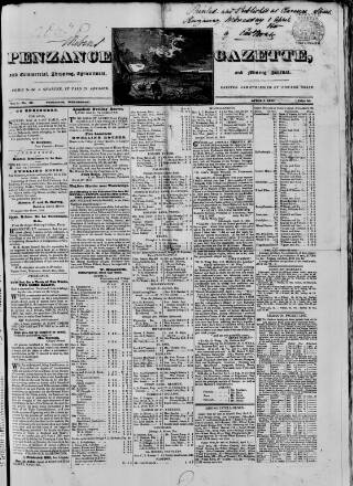 cover page of Penzance Gazette published on April 1, 1840