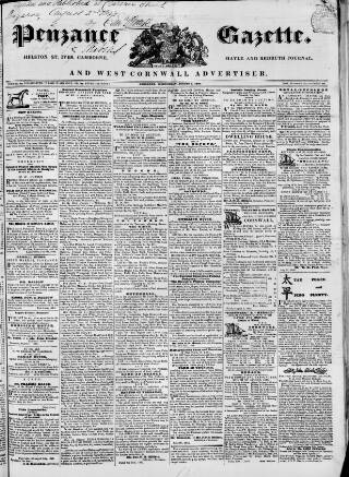 cover page of Penzance Gazette published on August 2, 1843