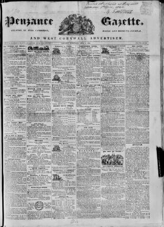 cover page of Penzance Gazette published on April 1, 1846