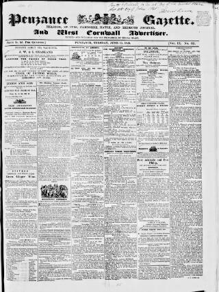 cover page of Penzance Gazette published on June 13, 1848