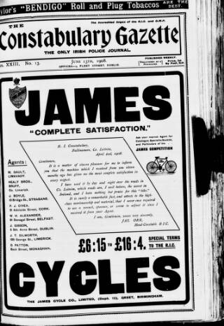 cover page of Constabulary Gazette (Dublin) published on June 13, 1908