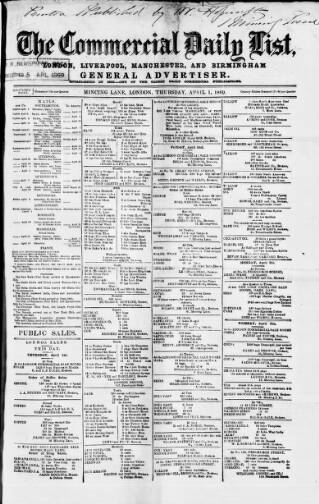 cover page of Commercial Daily List (London) published on April 1, 1869