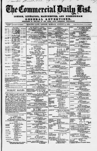 cover page of Commercial Daily List (London) published on August 2, 1869