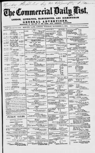 cover page of Commercial Daily List (London) published on November 2, 1869
